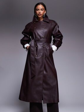 ASOS X THE SOURCED COLLECTION faux leather pebbled trench coat in burgundy